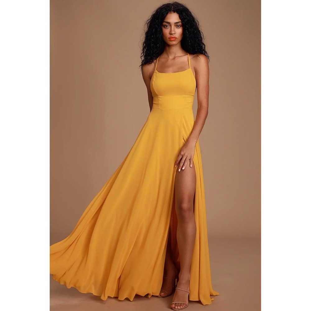 NWT Lulus Mustard Yellow Dreamy Romance Maxi Dress Backless Formal Gown XL